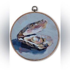 Oyster Art Round Framed Art 10x10 Inch Coastal Beach Decor Seashell Pearl